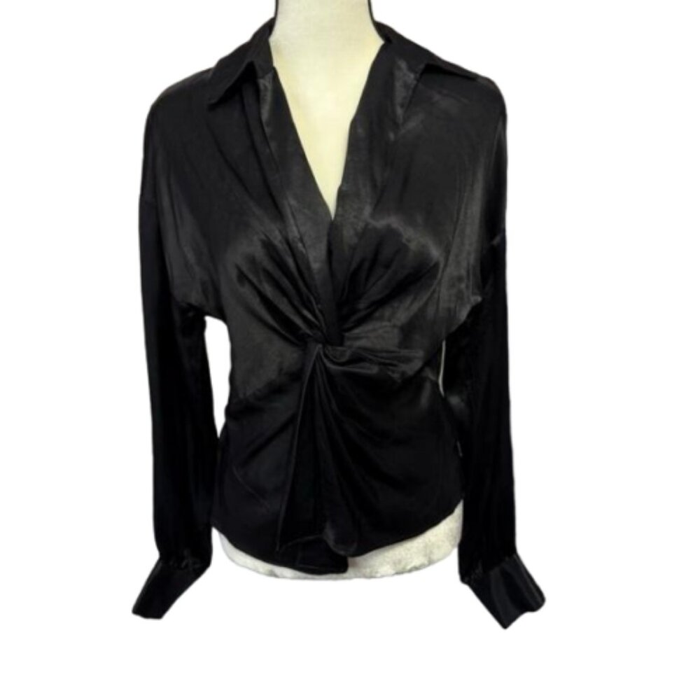NWT Topshop Black Satin Balloon Sleeve Deep V Neck Blouse Size 6 #1687